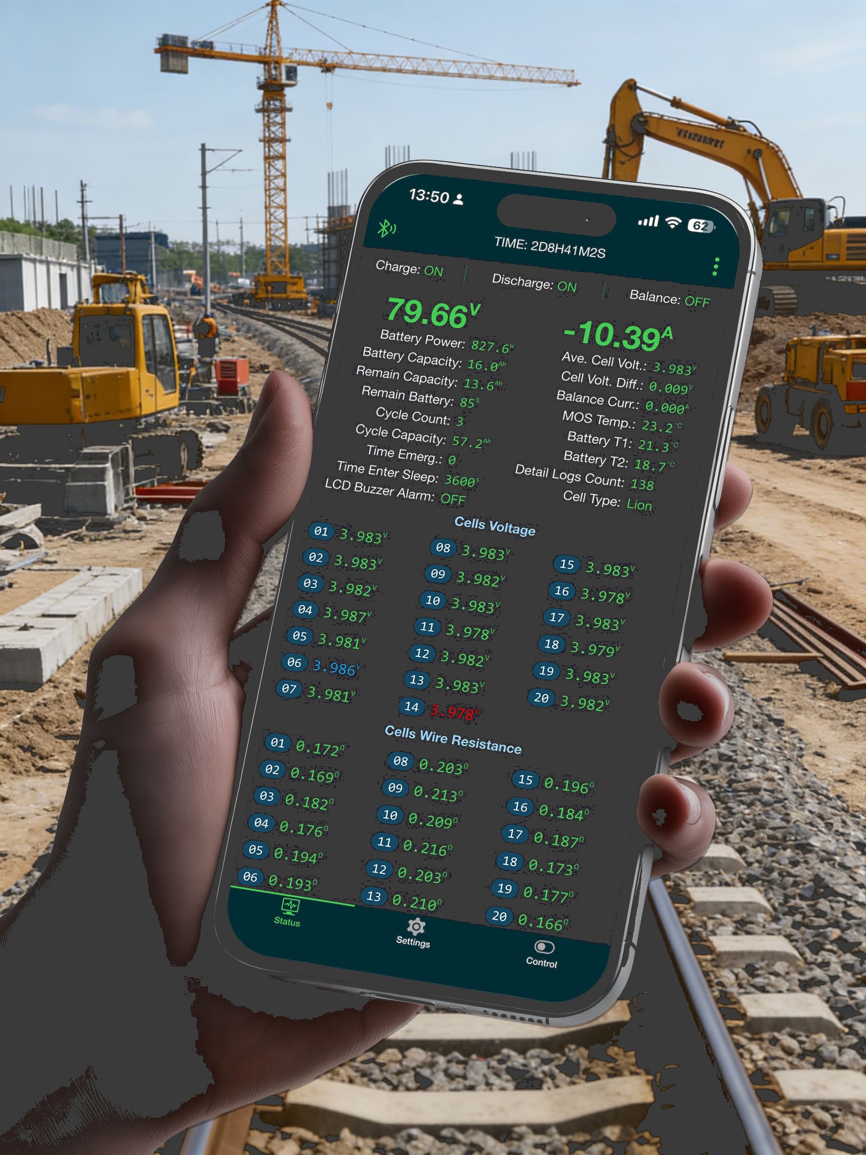 iBMS smartphone app showing real-time battery diagnostics